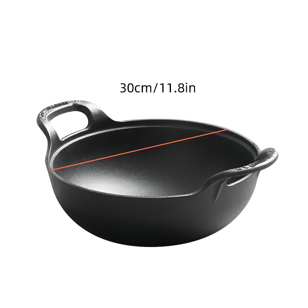 Cast Iron Wok Skillet Non-Stick Deep Stir Fry Pan with Dual Handles – Uncoated Traditional for Home Cooking, Dining and Outdoor Meals