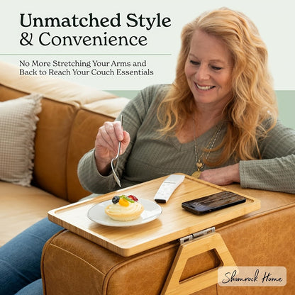 Bamboo Sofa Arm Tray with Folding Legs for Entryways, Bedrooms and Living Spaces, with the Listed Configuration