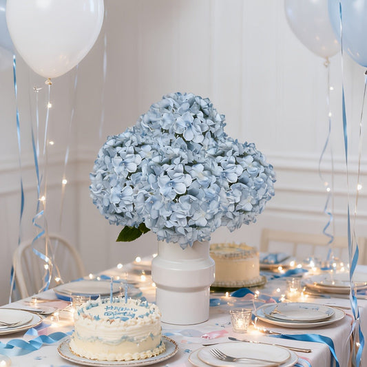 Artificial Hydrangea Flower Stems, 20-Piece 16-Inch Silk-Labeled Set in Blue or White with Green Stems