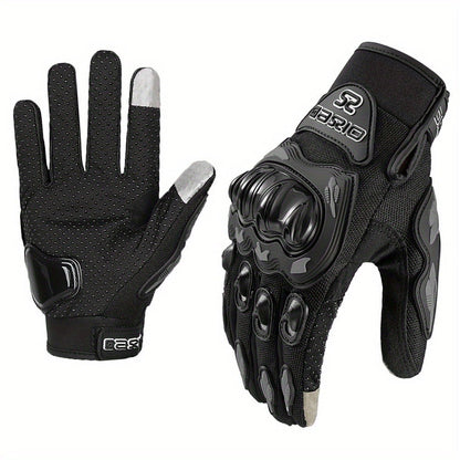 Full-Finger Motorcycle Gloves with Segmented Knuckle Shell, Wrist Tabs, Black or Red in M to XL