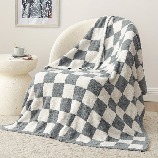 Jacquard Knit Checkered Blanket, Cozy Fluffy Plaid Throw for Couch, Bed & Sofa, All Seasons, 4 Colors