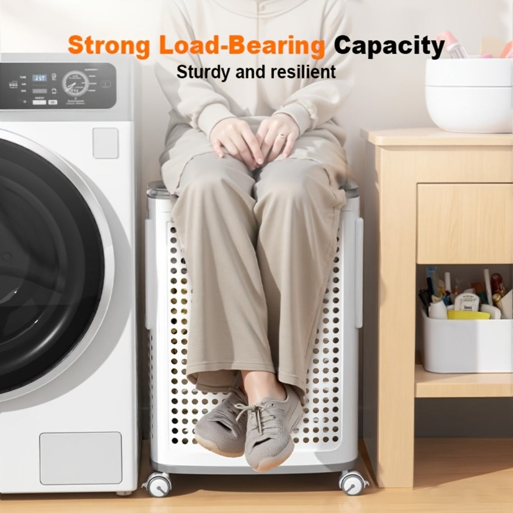 Rolling Laundry Basket with Lid and Wheels, Large Foldable Ventilated Storage Bin with Lockable Casters