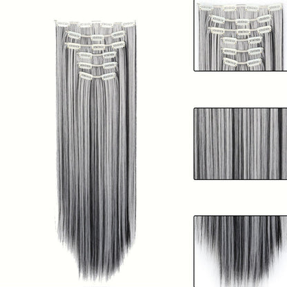 Space Gray Clip In Hair Extensions 6 Piece Set 24 Inch Heat Resistant Synthetic Fiber – Instant Length & Volume for Women | Daily Wear