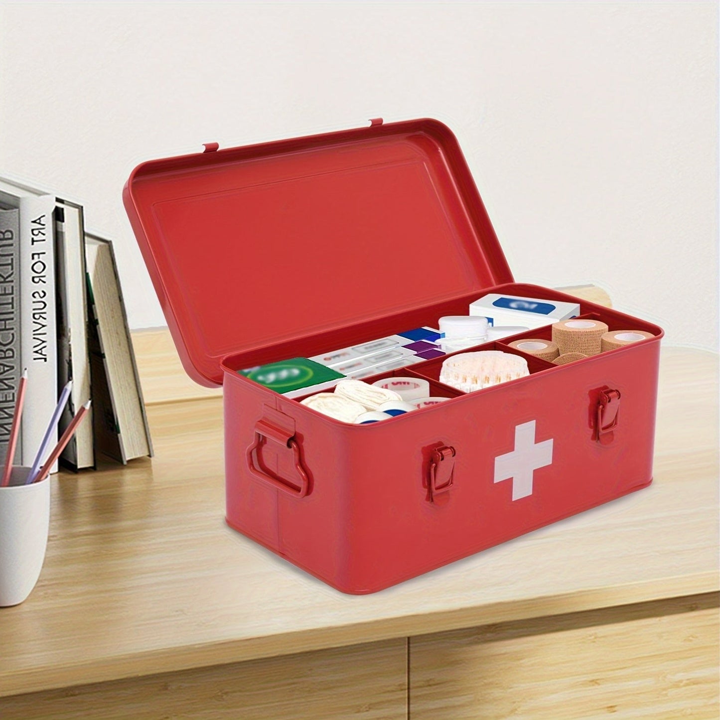 Metal First Aid Box with Safety Lock – Empty Medicine Storage Tin & Emergency Supply Organizer for Home Office Car Camping