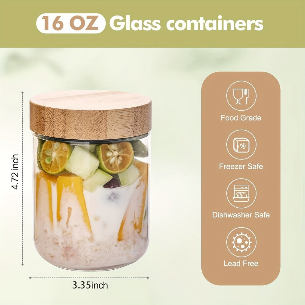 Glass Jar Food Storage Organizer with Bamboo Lids, Wide Mouths, Four-Pack 16oz or Six-Pack Spoon Sets