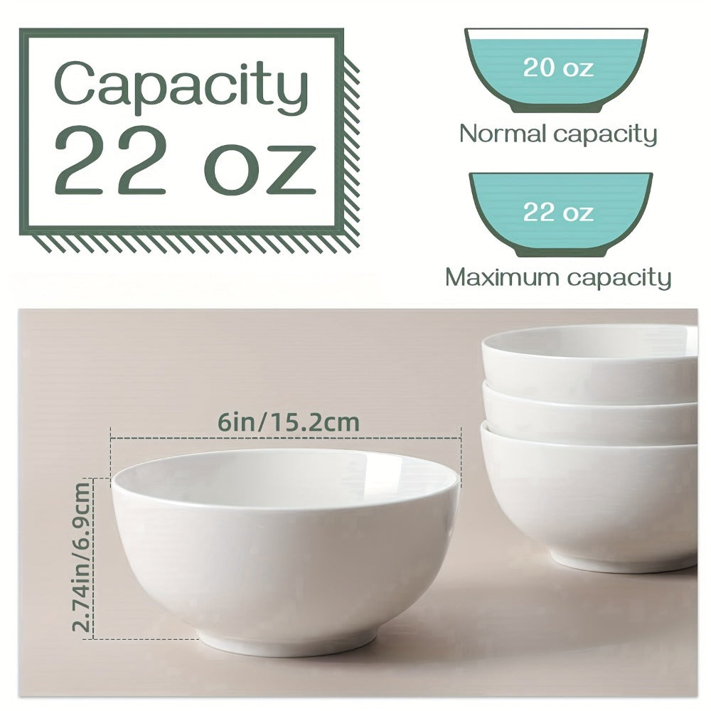 Ceramic Bowls Set 22oz White Porcelain – Dishwasher & Soup Bowls for Kitchen, Cereal, Ramen, Oatmeal