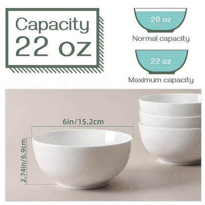Ceramic Bowls Set 22oz White Porcelain – Dishwasher & Soup Bowls for Kitchen, Cereal, Ramen, Oatmeal