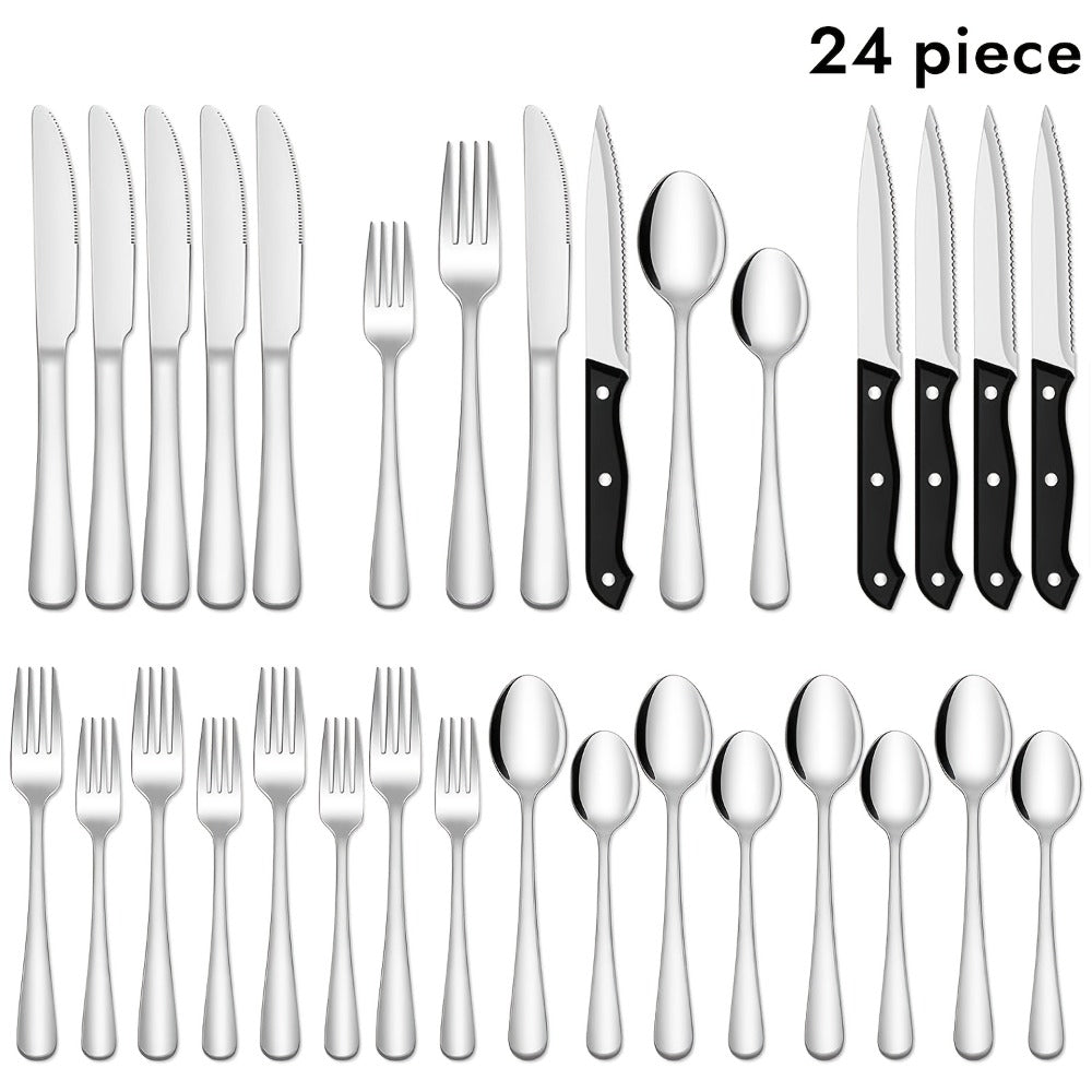Serrated Steak Knife Dining Set with Six-Piece Place Settings, 24 or 48 Utensils in Silver or Black