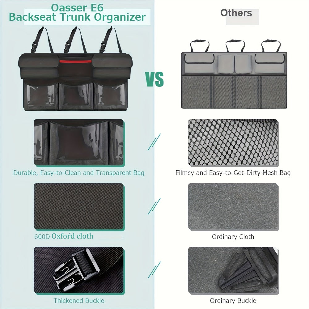 Car Trunk Organizer, 40 x 19 Inch Hanging Rear-Seat Bag with 6 Pockets and Three Adjustable Straps