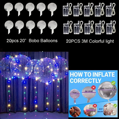Party Decorations 20-Piece Clear Bobo Balloon Kit with LED String Lights and Six Light Color Options