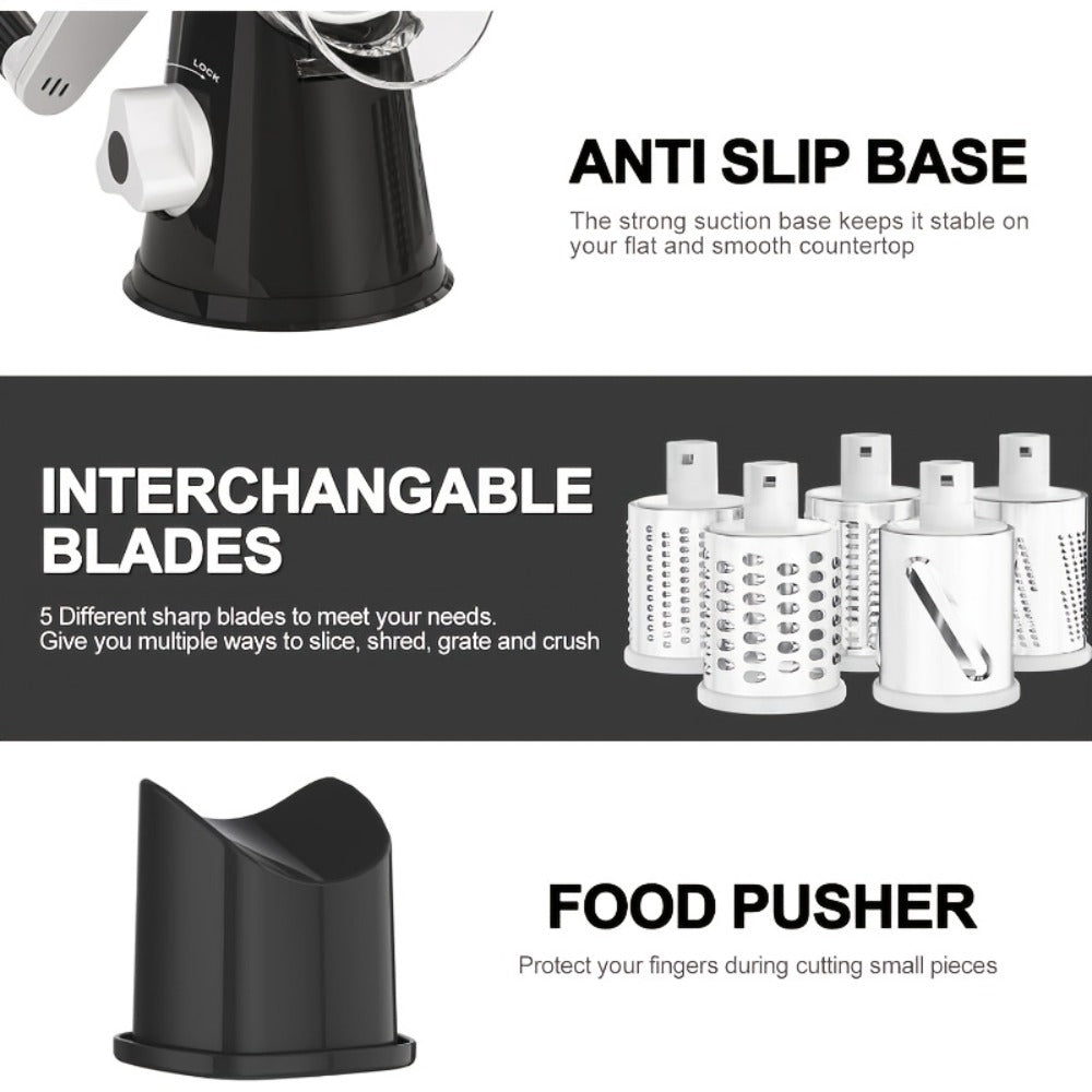 Rotary Cheese Grater with Hand Crank, 3 Interchangeable Blades for Cheese, Vegetables & Nuts, Suction Base