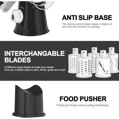 Rotary Cheese Grater with Hand Crank, 3 Interchangeable Blades for Cheese, Vegetables & Nuts, Suction Base
