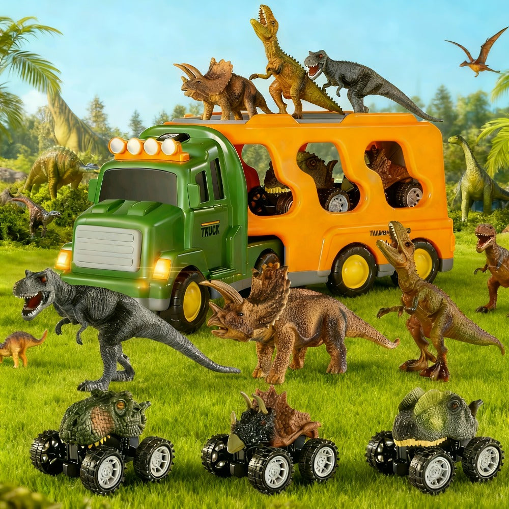 Push-Action Dinosaur Truck Toy 7-in-1 for Kids Ages 3-5 with 3 Dino Figures with the Listed Color, Size or Set Options for Everyday Use