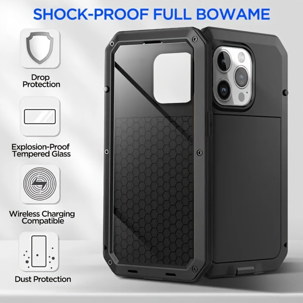 Heavy Duty iPhone Case Metal Frame Built-in Glass Screen Protector Dustproof Shockproof Full Body for iPhone 16 Pro 16 Plus 16 15 Pro Max 15