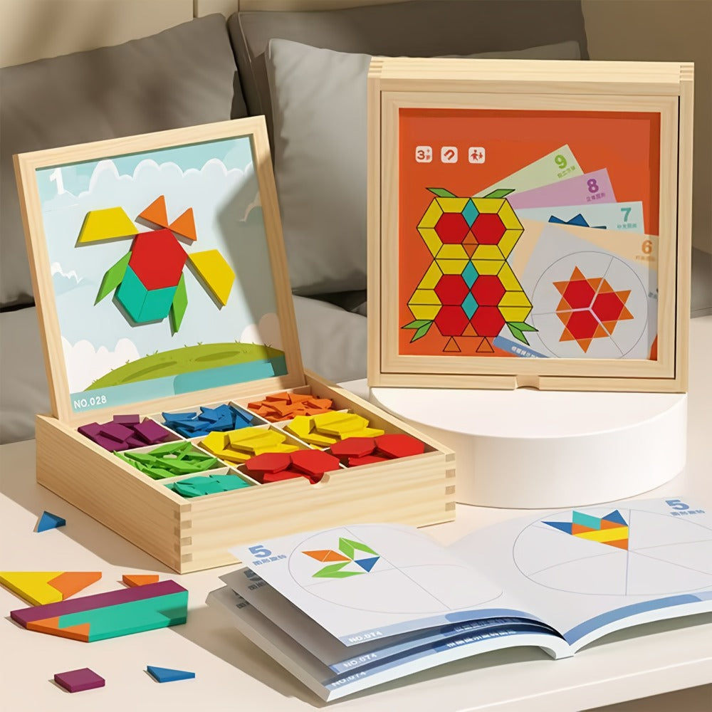 Magnetic Wooden Puzzle Blocks 128 180 220 Piece Set, Geometric Figures Cognitive Learning STEM Toy for Kids