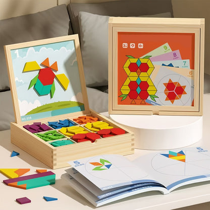 Magnetic Wooden Puzzle Blocks 128 180 220 Piece Set, Geometric Figures Cognitive Learning STEM Toy for Kids