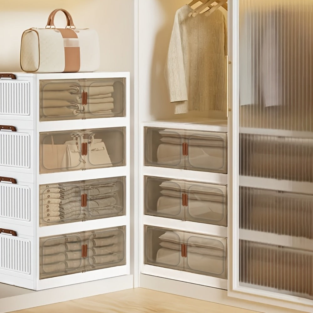 Foldable Storage Cabinet with Door, Multi-Layer Stackable Storage Box for Shoes, Clothes & Books