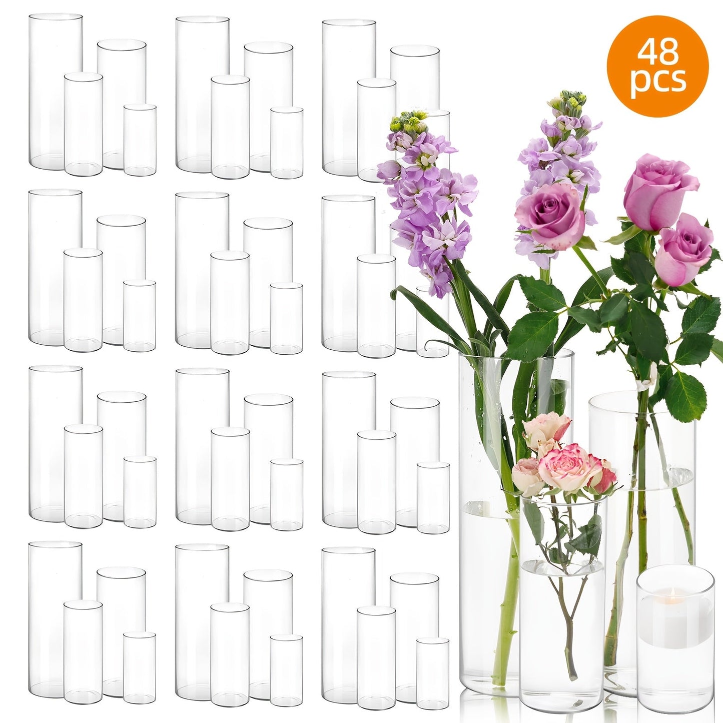 Clear Glass Cylinder Candle Holder Vases 12/24/36/48 Pcs, 4 6 8 10 Inch Tall Hurricane Floating Candle Vase