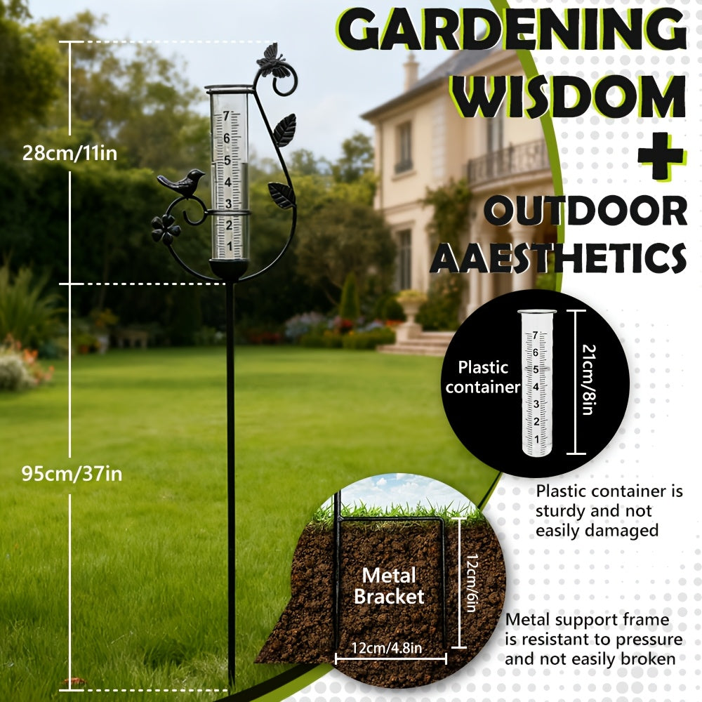 Decorative Rain Gauge Outdoor – 8-Inch Large Capacity Bird Ornament & Metal Spiral Rainfall Collector for Garden, Lawn & Patio