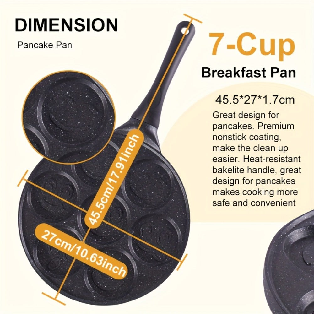 7-Hole Non-Stick Pancake Pan Smiley Face, Aluminum Alloy Breakfast Maker with Detachable Handle for Gas Stove