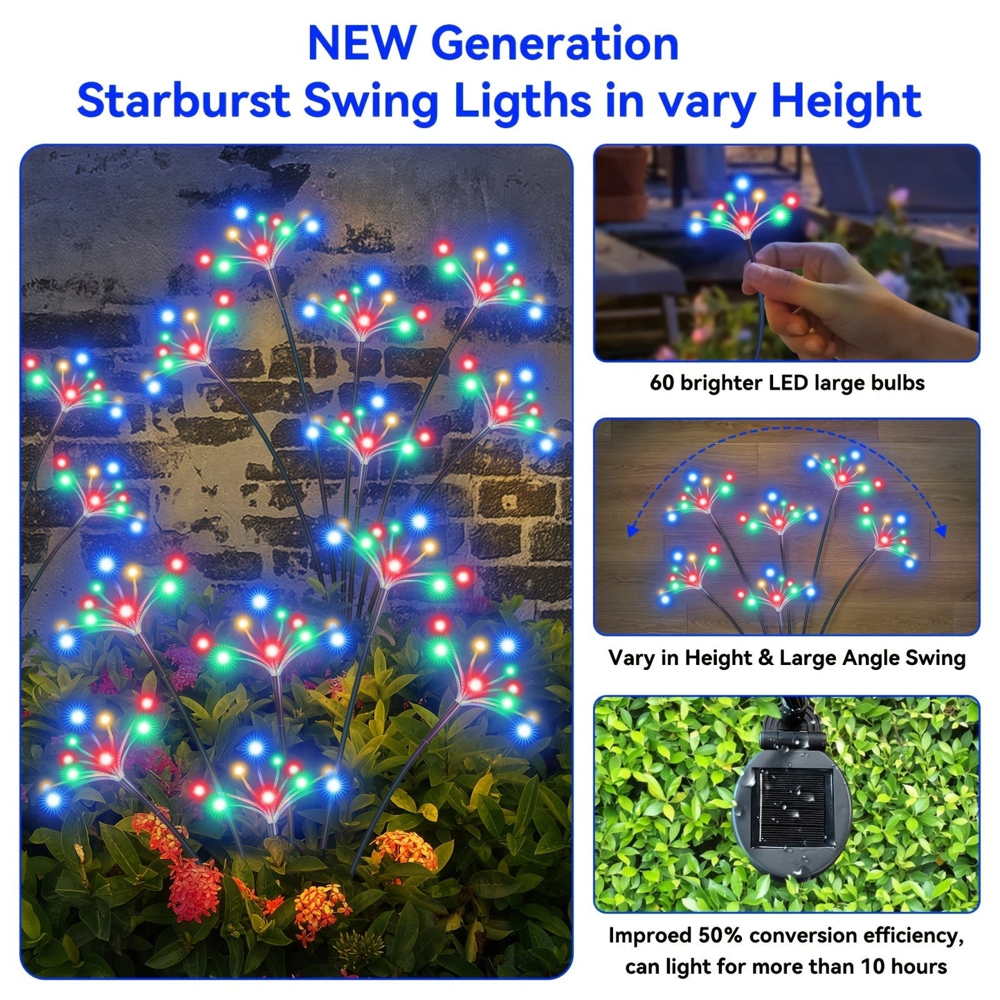 Solar Garden Lights 4-Pack Swaying Firework Stakes with Two Modes and Six Colors for Flowerbed Decor