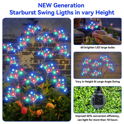 Solar Garden Lights 4-Pack Swaying Firework Stakes with Two Modes and Six Colors for Flowerbed Decor