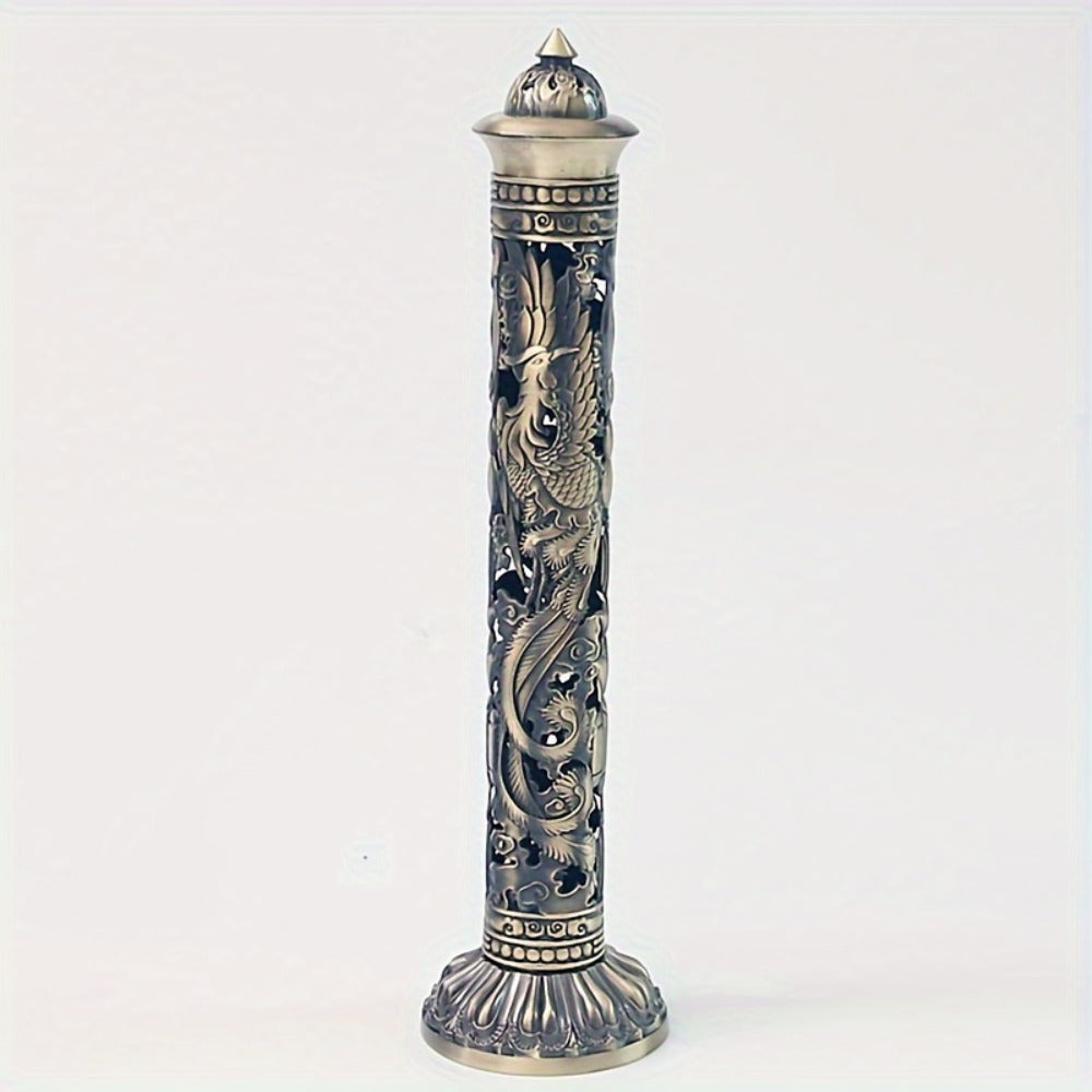 Incense Stick Holder Metal Retro Vertical Design, Dragon & Phoenix Heart Sutra Motif Brass Incense Burner Stand