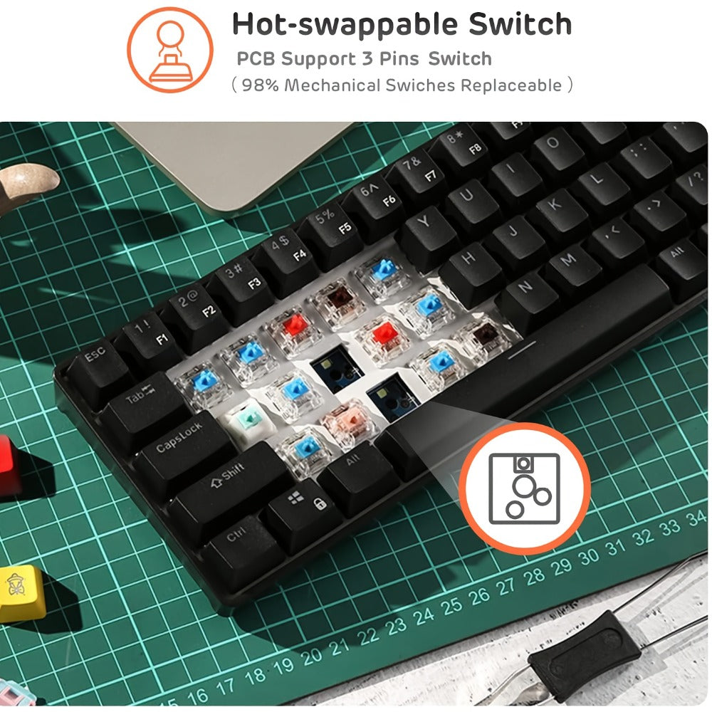 Mechanical Keyboard 61-Key Wired Hot-Swap Layout with RGB Backlighting and Red or Cyan Switch Options