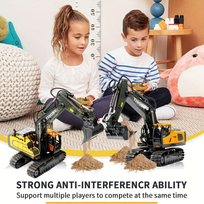 Remote Control Excavator Toy Set for Kids with Metal Shovel Bucket LED Lights & 1200mAh Rechargeable Battery