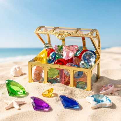 Pool Diving Gems 50 Piece Set with Pirate Treasure Chest, Underwater Acrylic Gemstone Dive Game for Kids