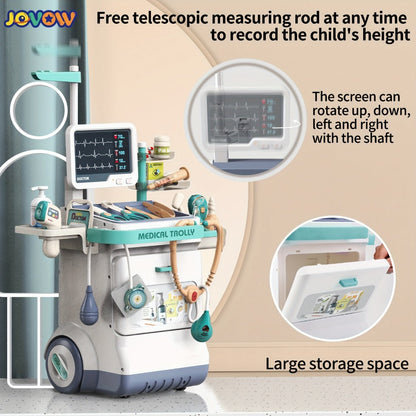 Kids Doctor Kit with Medical Cart Set, Movable Toy Trolley, Stethoscope, Thermometer & Accessories