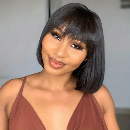 Straight Bob Human Hair Wig with Full Machine-Made Cap, Black Finish and Bangs, 8–16 Inch Options