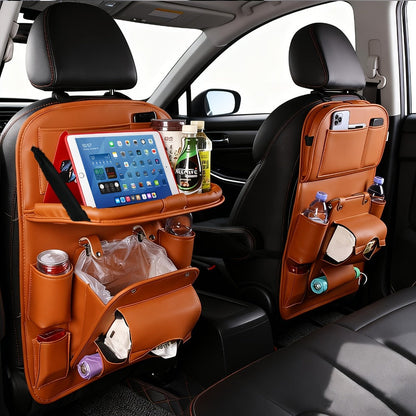 One-Piece Seatback Car Organizer with Fold-Down Tray, Cup Recesses, Mesh Pockets and Four Colors