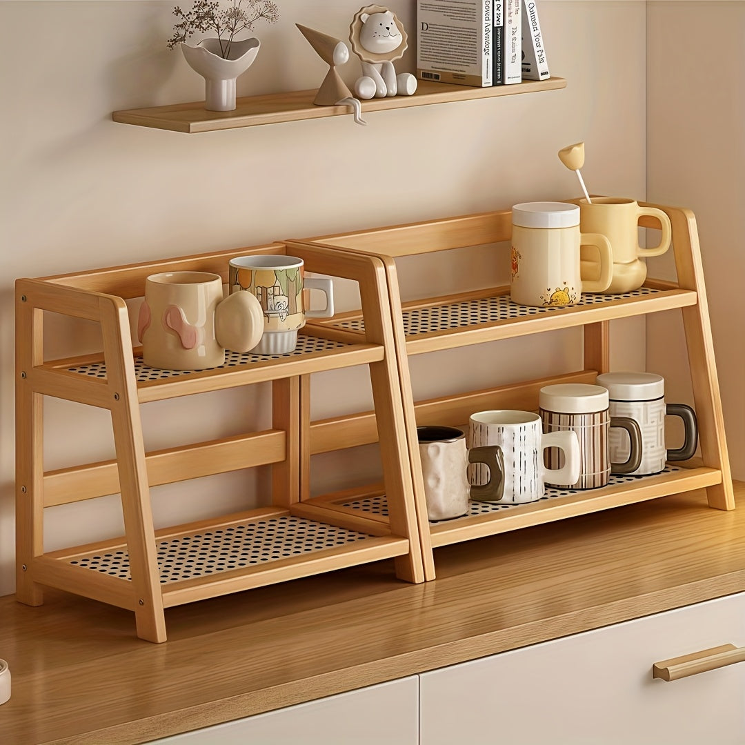Bamboo Countertop Shelf Organizer 2-Tier – Trapezoidal Wooden Storage Rack for Kitchen Office Bedroom and Desk