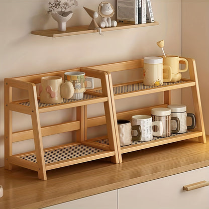 Bamboo Countertop Shelf Organizer 2-Tier – Trapezoidal Wooden Storage Rack for Kitchen Office Bedroom and Desk