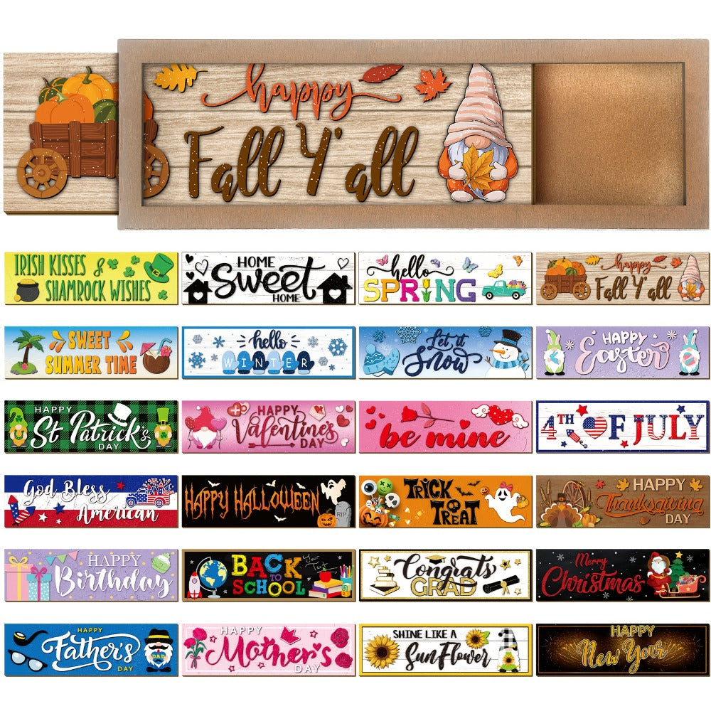 Interchangeable Seasonal Wood Welcome Sign 25-Piece Set – Wooden Frame Table Decor with Swappable Holiday Signs for Fall, Thanksgiving