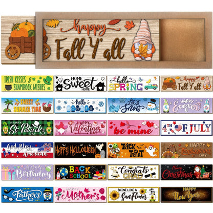 Interchangeable Seasonal Wood Welcome Sign 25-Piece Set – Wooden Frame Table Decor with Swappable Holiday Signs for Fall, Thanksgiving