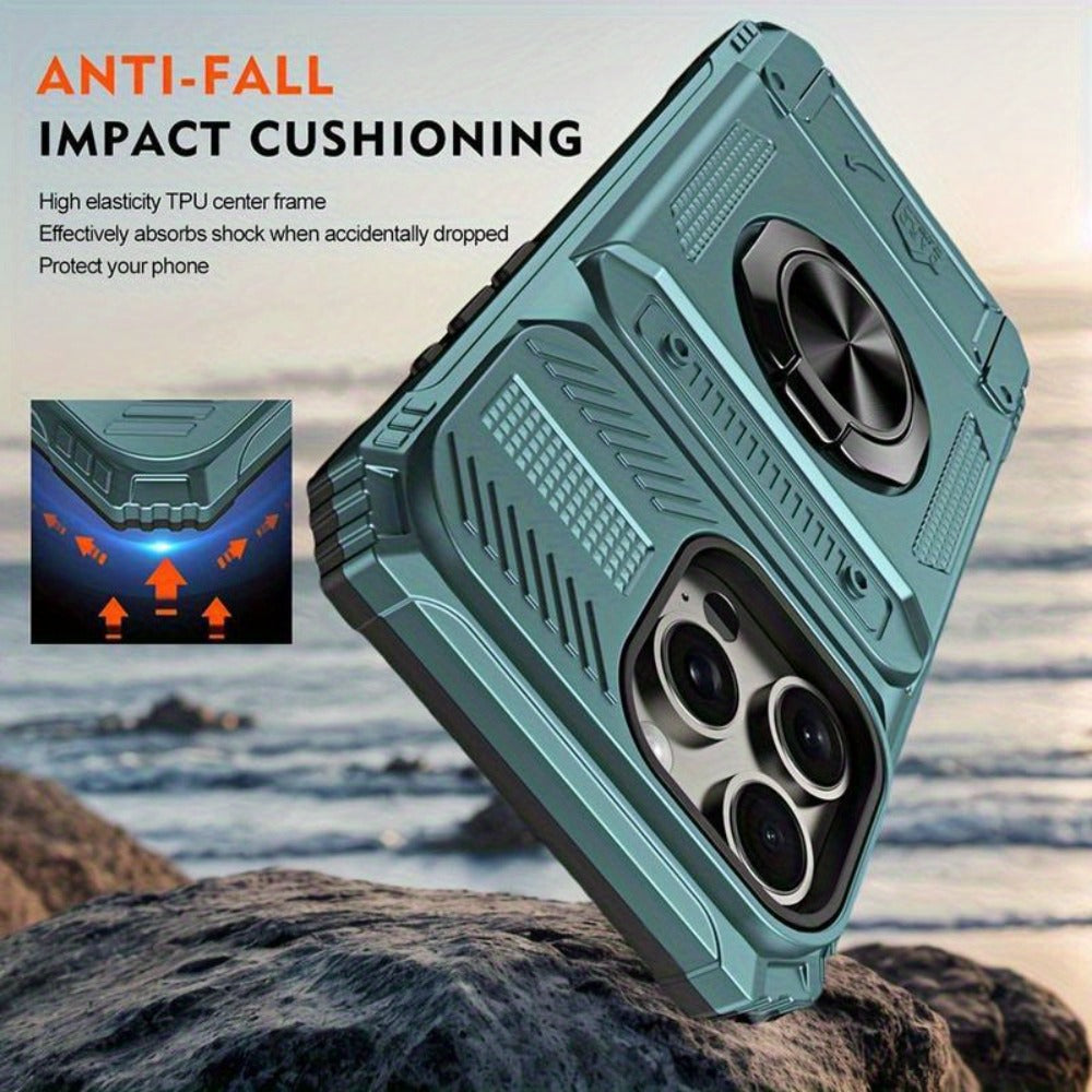 iPhone Card Slot Shockproof Case with Ring Holder & Kickstand – Wallet Phone Cover for iPhone 17 17 Air 17 Pro Max 16 15 14 13 12 11 Pro Max
