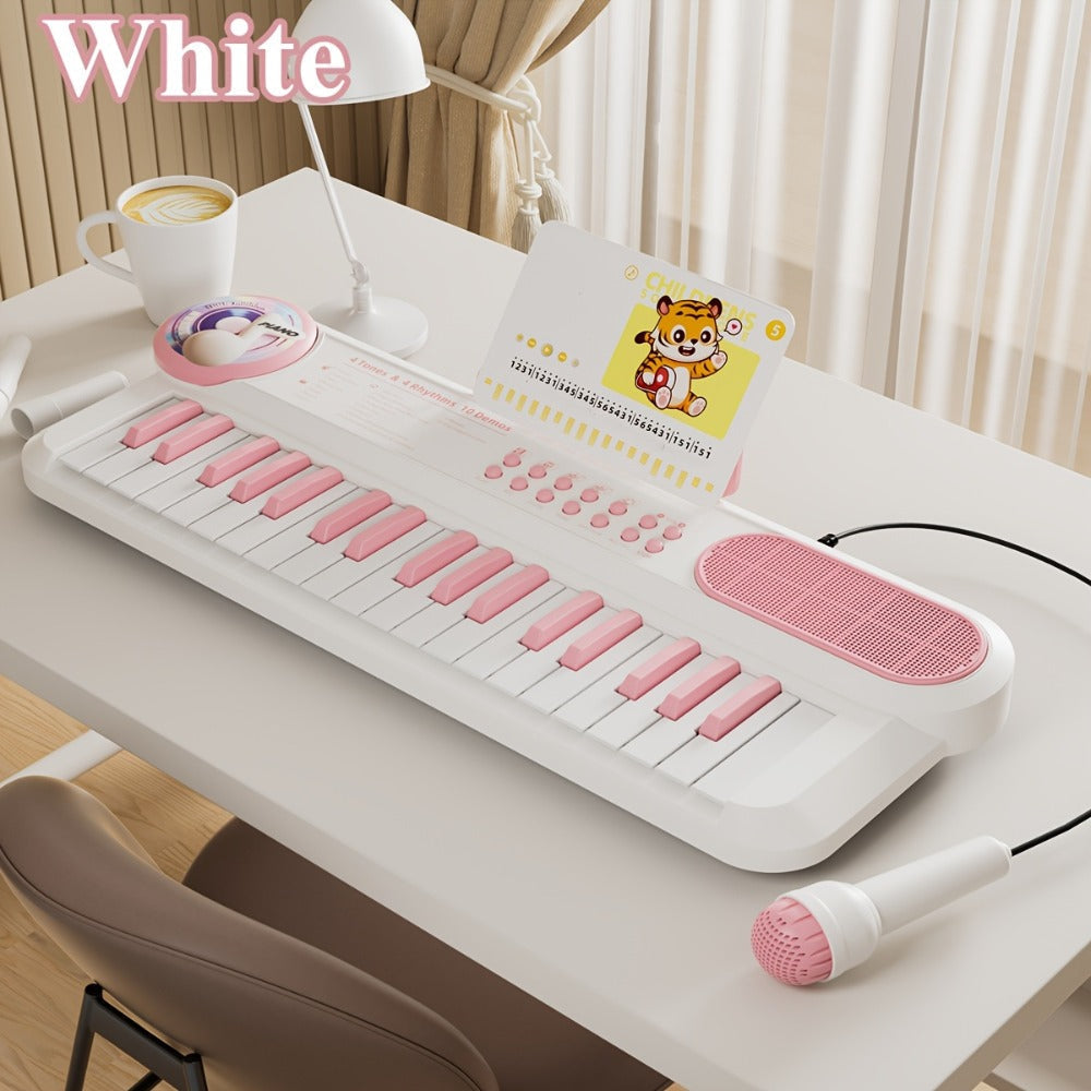Kids Electronic Keyboard Piano Toy 37-Key White, Multi-Function Beginner Musical Instrument with Microphone