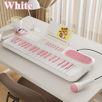 Kids Electronic Keyboard Piano Toy 37-Key White, Multi-Function Beginner Musical Instrument with Microphone