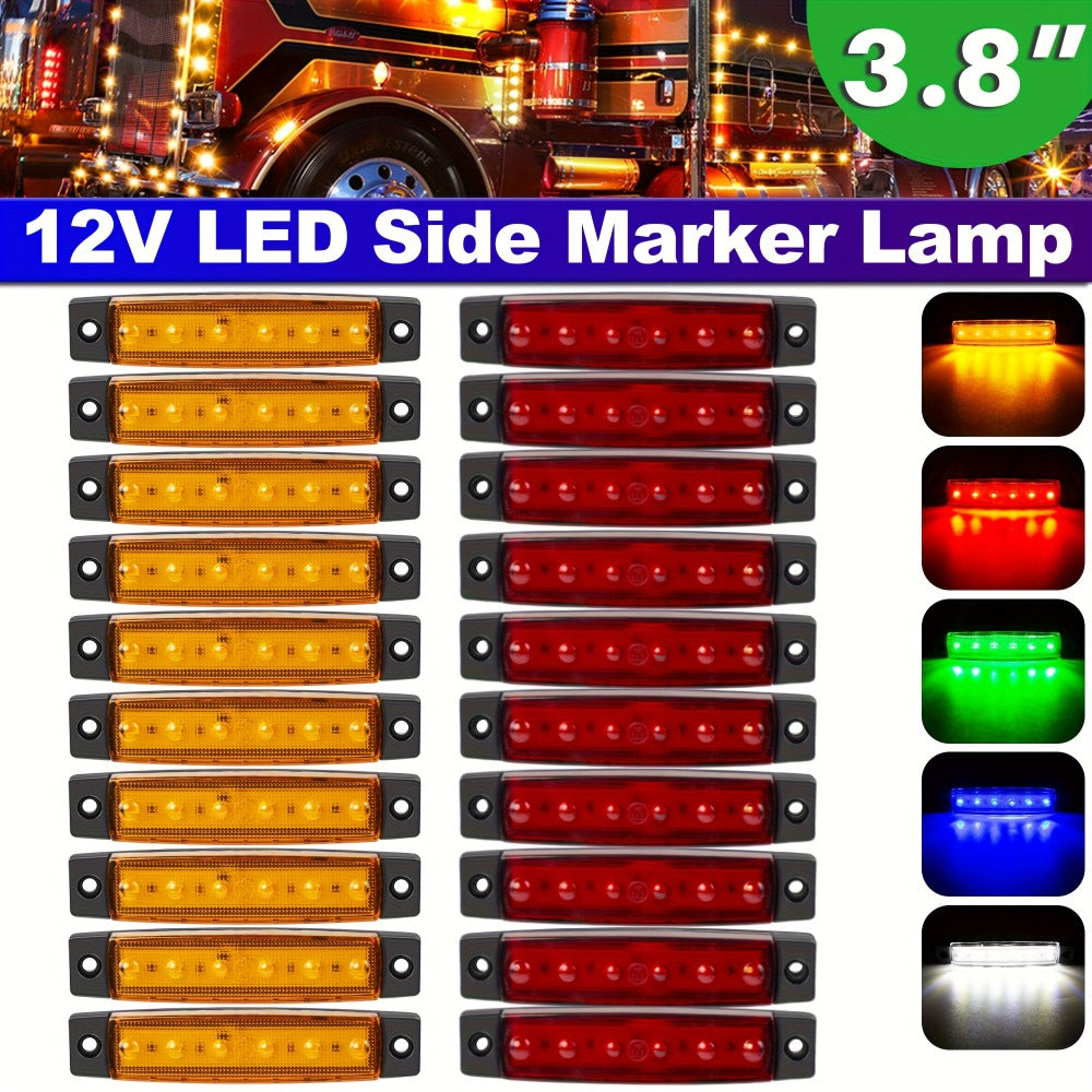LED Side Marker Lights 20pcs 12V – 3.8" 6-LED Front Rear Indicator Lamps for Truck Trailer Lorry Bus Car | 10 Red & 10 Amber | High