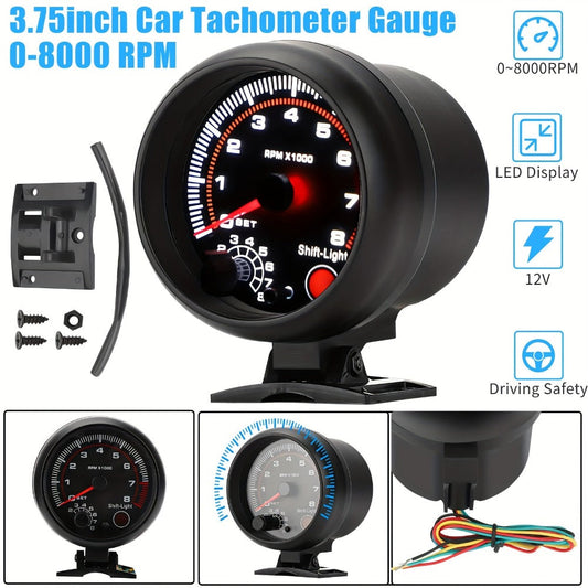 Car Tachometer Gauge 12V 0-8000 RPM 3.75 Inch – LED Shift Light, ABS Black Dial for 4 6 8 Cylinder Petrol Engines