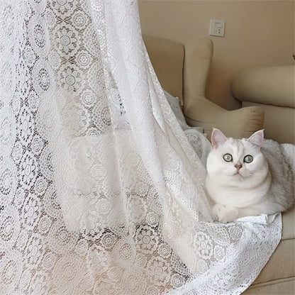 White French-Style Lace Sheer Curtain Panel with Rod-Pocket Header and Three Length Options
