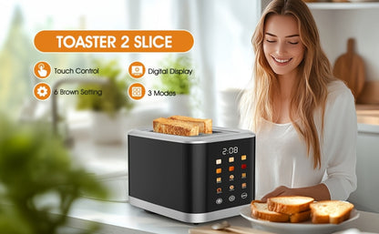 2 Slice Toaster with Touch Screen, 1.5" Wide Slot for Bread, Bagels & English Muffins, 6 Bread Types