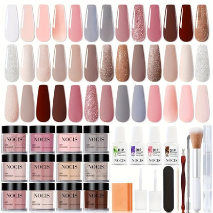 Dip Powder Nail Kit with NOCIS Label, 20 Pink Purple Brown Glitter Powders, Four Liquids and Nail Tools