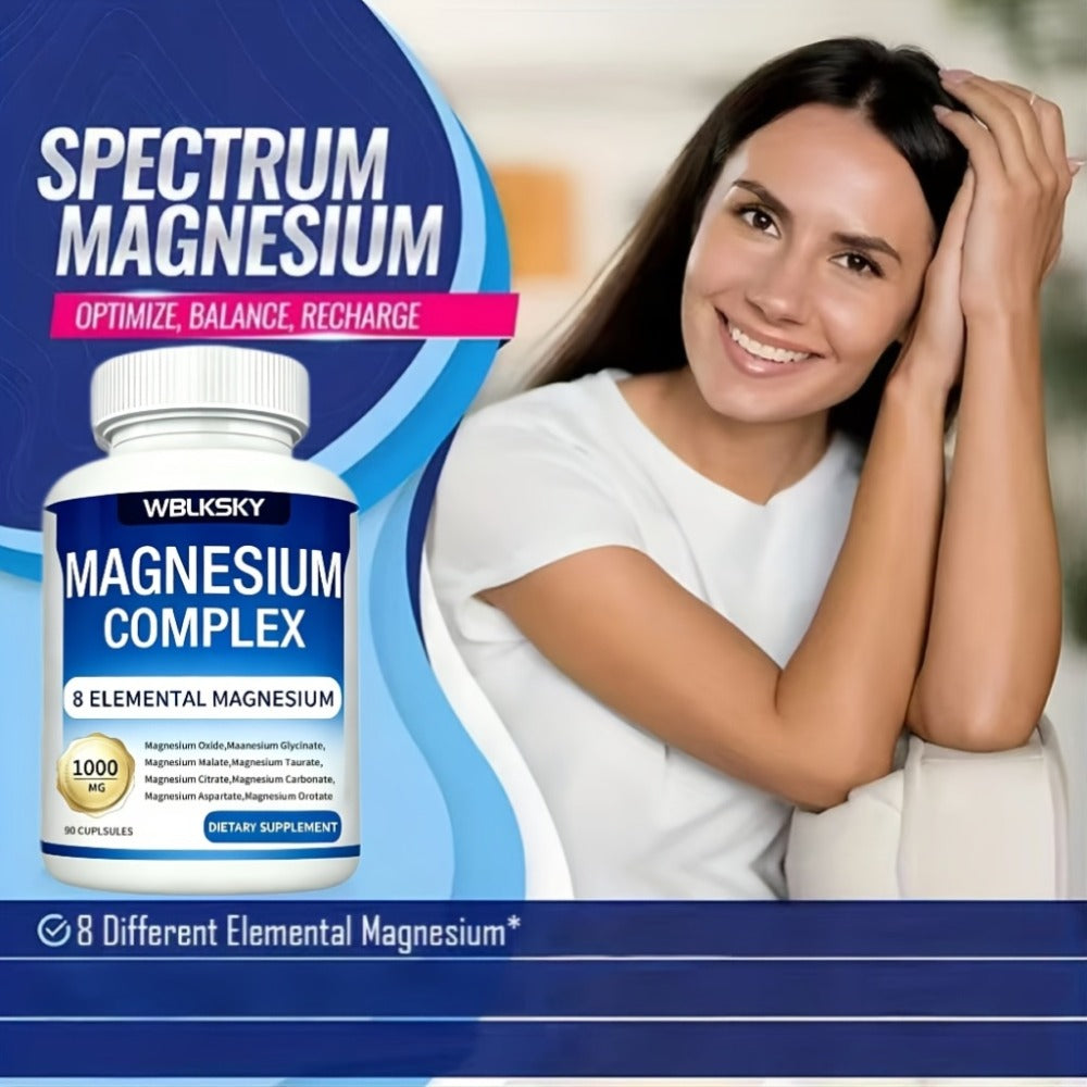 Dietary Supplement Magnesium 8-in-1 Complex with Eight Listed Forms, 1000mg per Capsule, Two Bottles