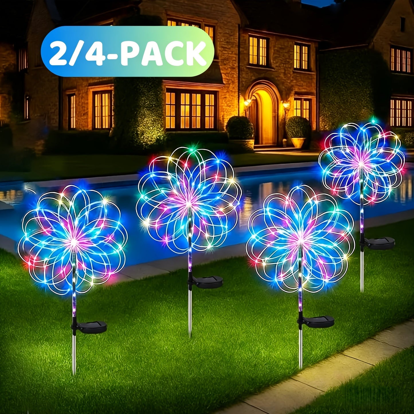 Solar Garden Lights 4-Pack Firework Stakes with 8 Modes in Warm White or Multicolor and Hanging Option