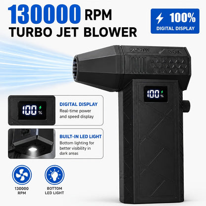 130000RPM Super Turbo Air Blower USB-C Fast Charging, 52M/S Hurricane Airflow, Adjustable Speed, 5000mAh Battery