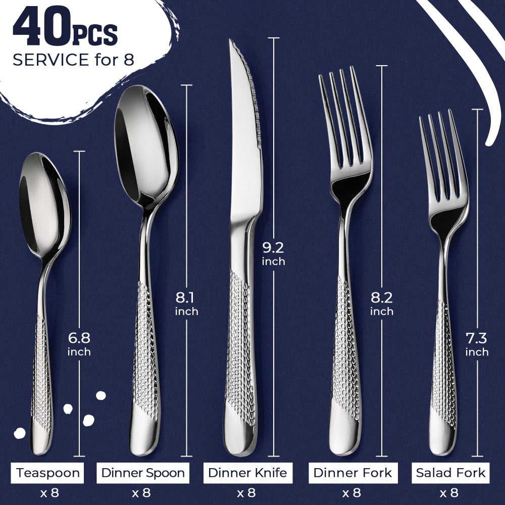 40- or 48-Piece Hammered-Handle Flatware Set in Rose Gold or Silver with Option-Specific Knives