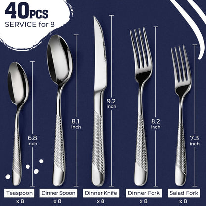 40- or 48-Piece Hammered-Handle Flatware Set in Rose Gold or Silver with Option-Specific Knives